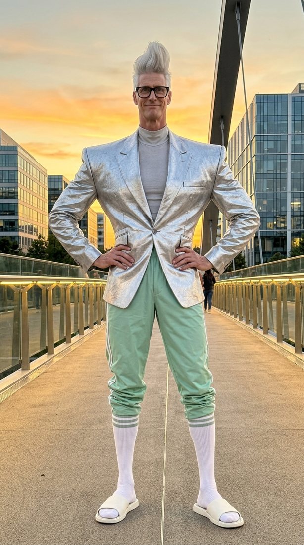Max Orbit, hands on hips, on a glass footbridge at sunset